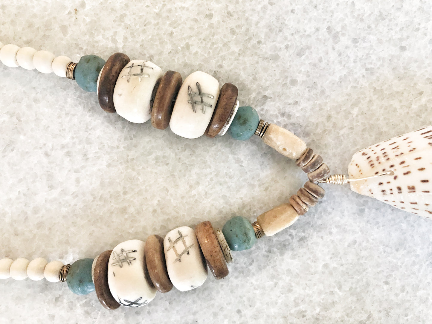 Cone Shell Necklace with Bird's Egg Blue Recycled Glass and Bone Beads