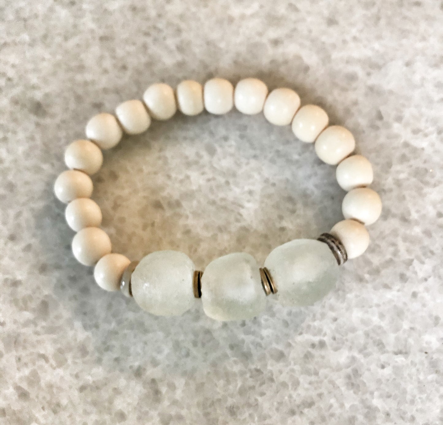 Rustic White African Recycled Glass and Bone Stack Bracelets -