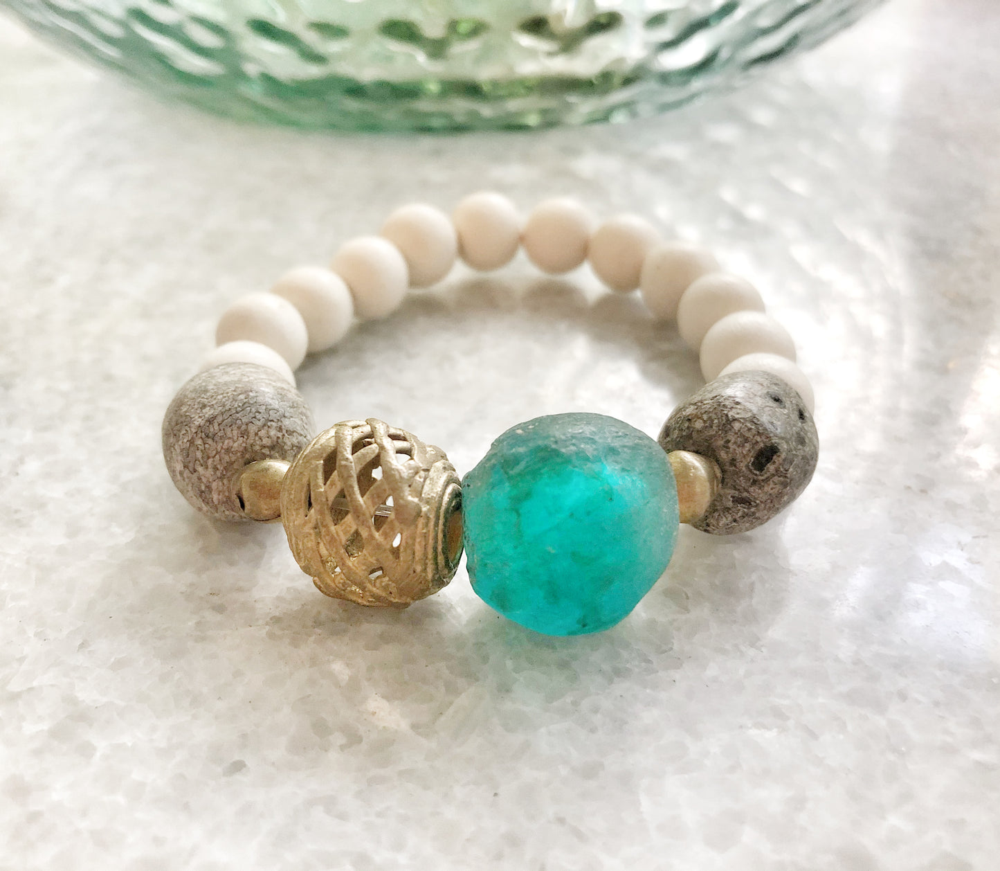 Aqua Blue Recycled Glass Bracelet with Fossilized Stegodon Beads