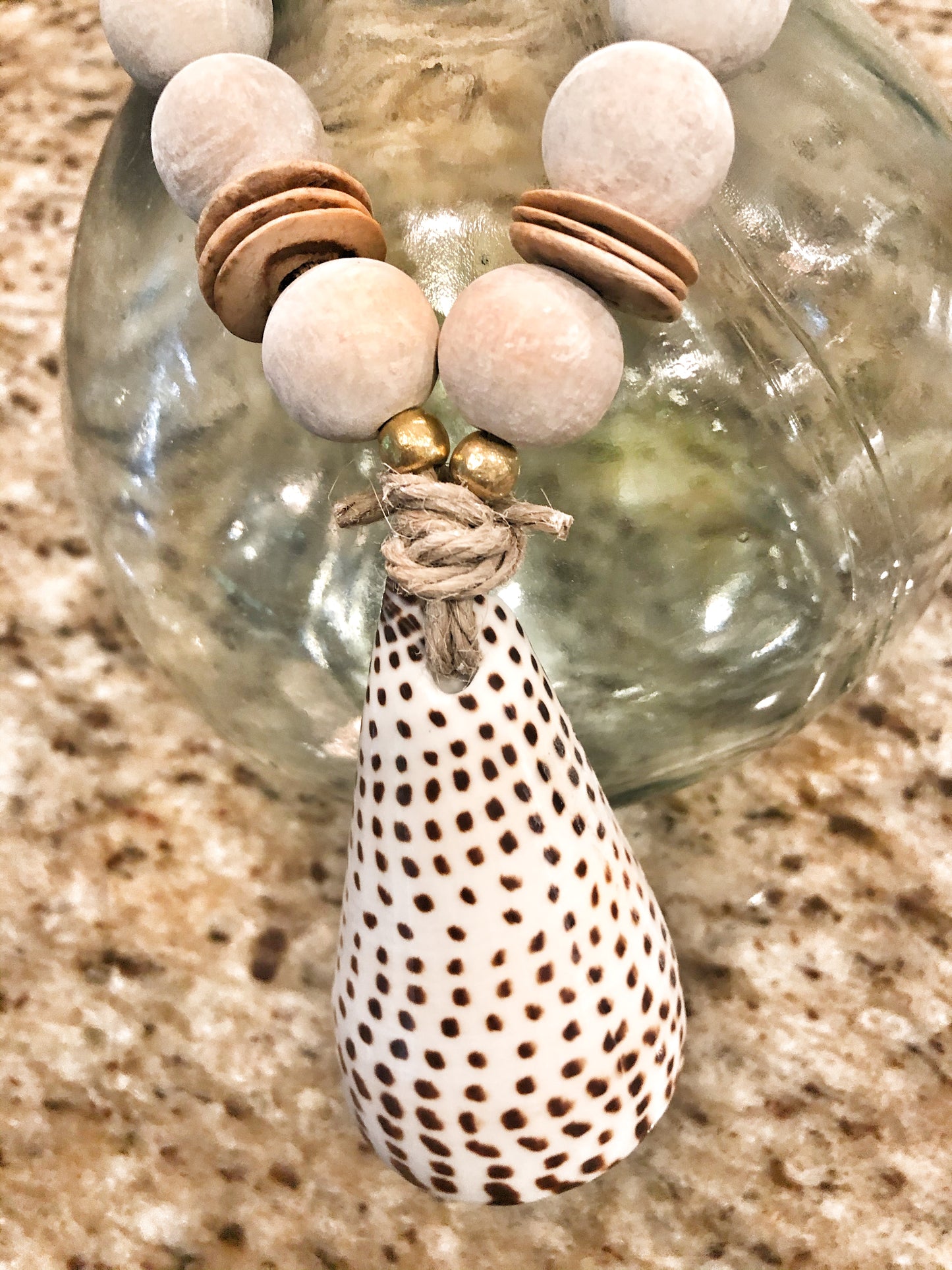 Cone Shell Wine Bottle Charm with Whitewashed Wood Beads and Coconut