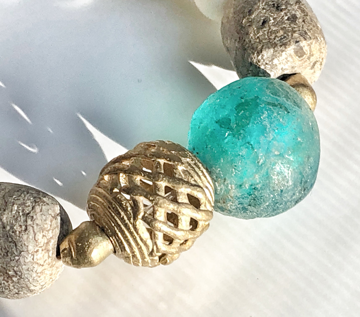 Aqua Blue Recycled Glass Bracelet with Fossilized Stegodon Beads