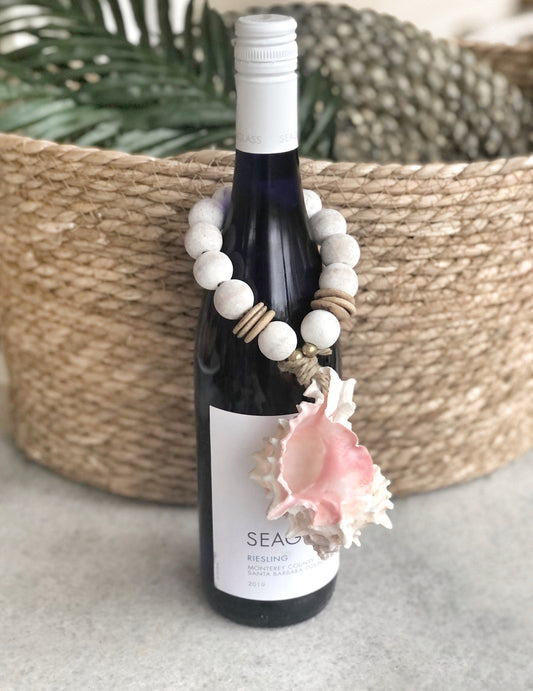 Pink Murex Shell Wine Bottle Charm with White Beads and Coconut