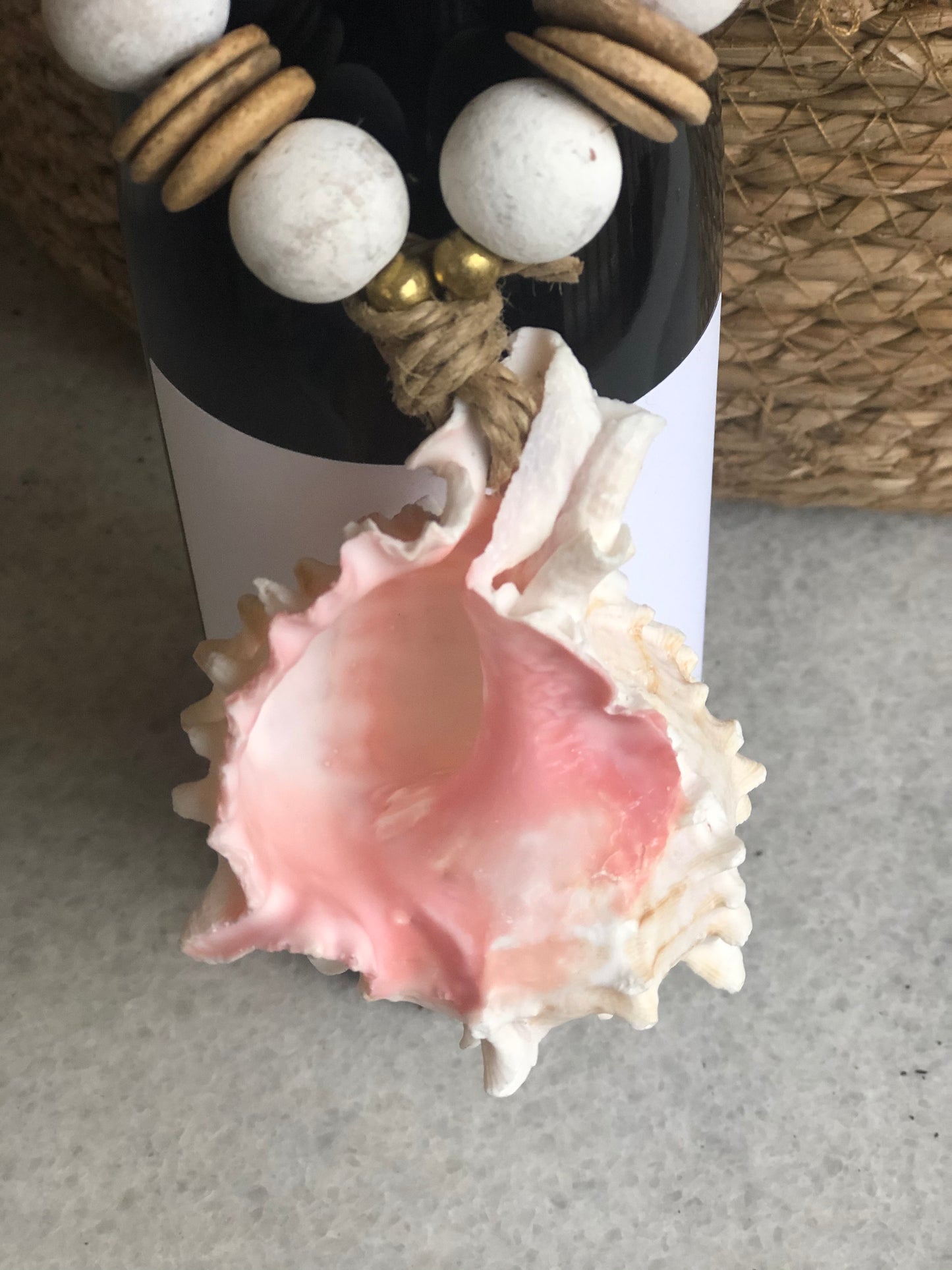 Pink Murex Shell Wine Bottle Charm with White Beads and Coconut