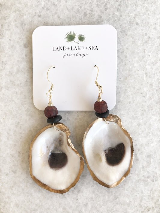 Oyster Earrings with Garnet and Black Recycled Glass Beads