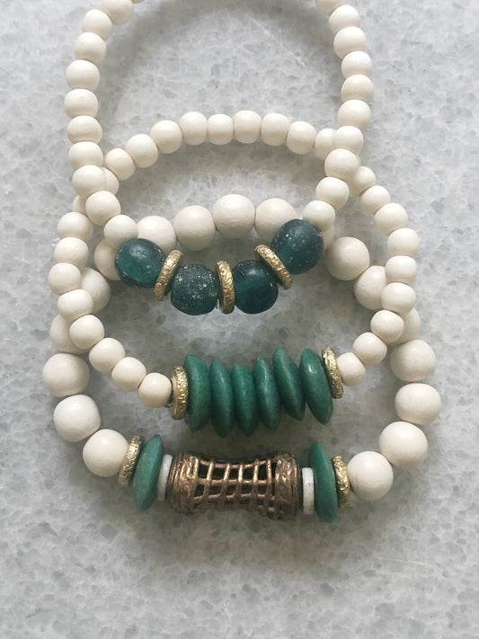 Emerald Green Recycled Glass and Brass Stack Bracelets
