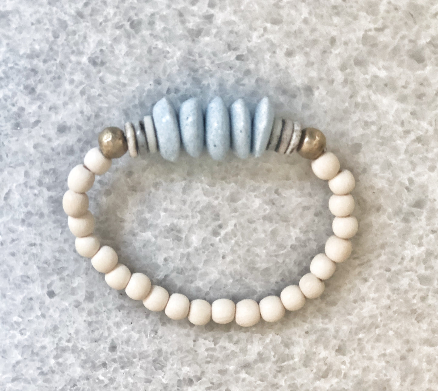 Light Blue, Brass and Bone Stack Bracelets