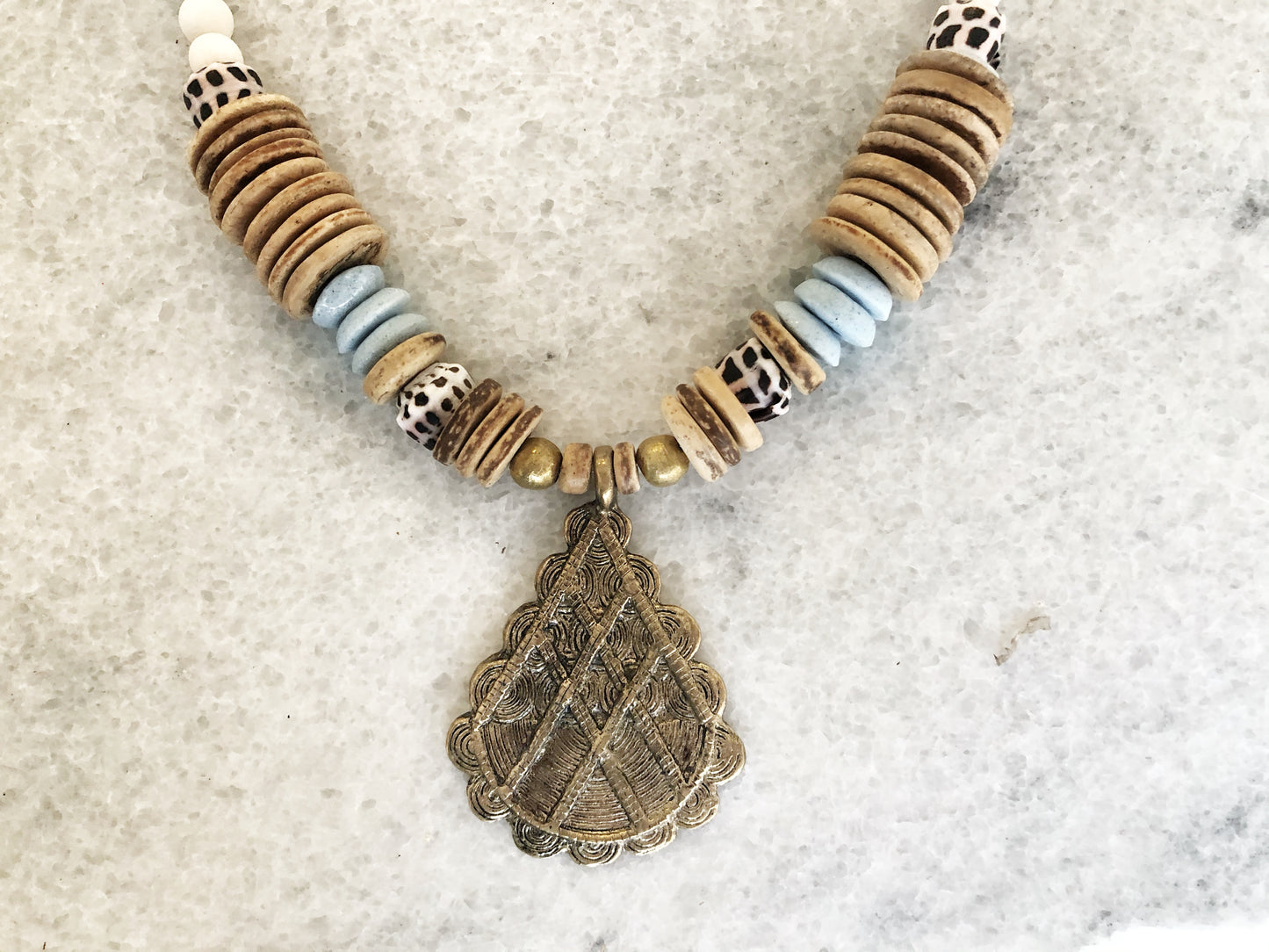 Brass Pendant Necklace with African Glass and Brass