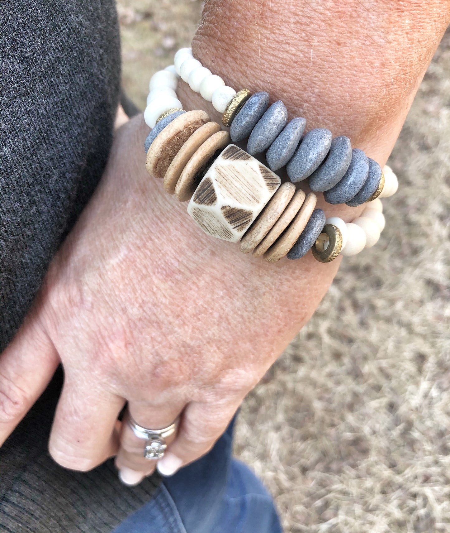 Neutral Bone Stack Bracelet with Gray Recycled Glass