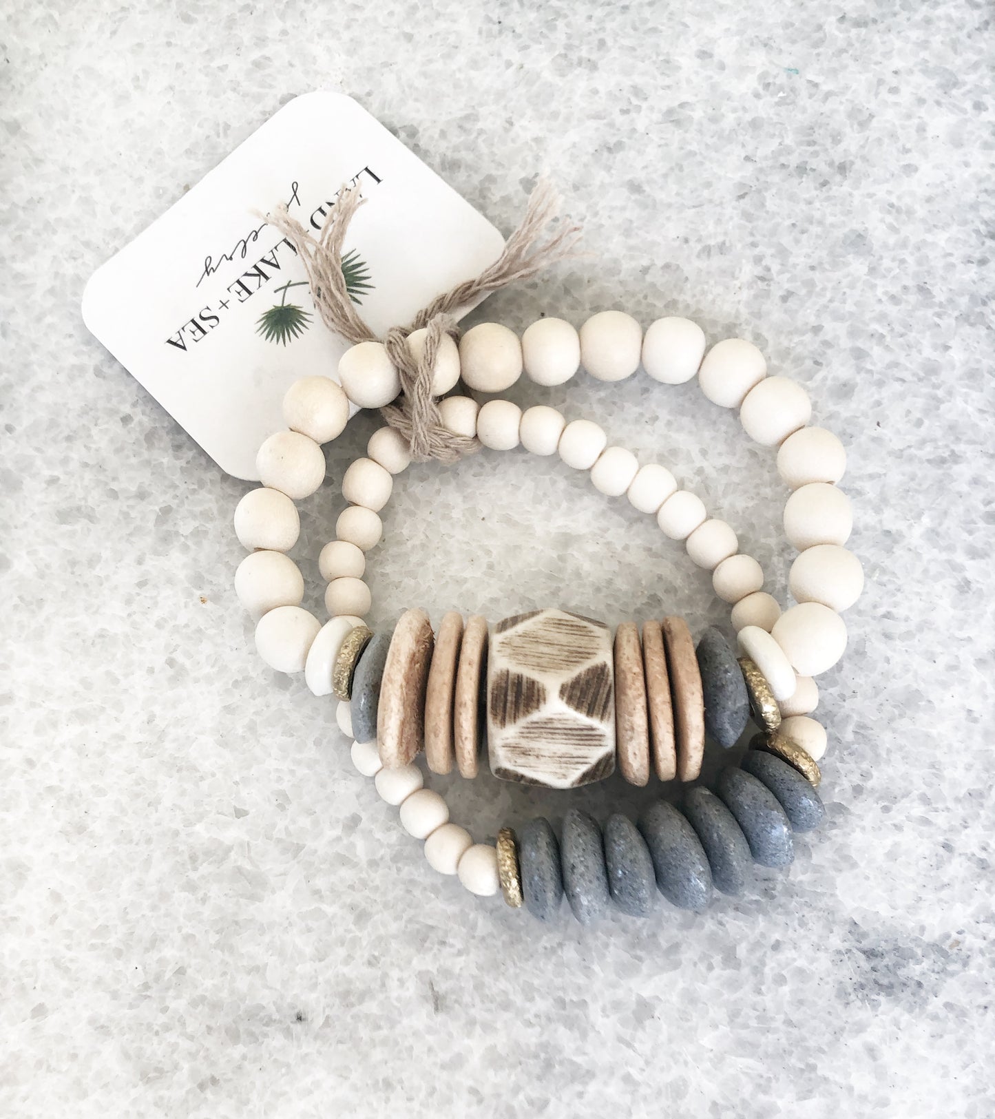 Neutral Bone Stack Bracelet with Gray Recycled Glass