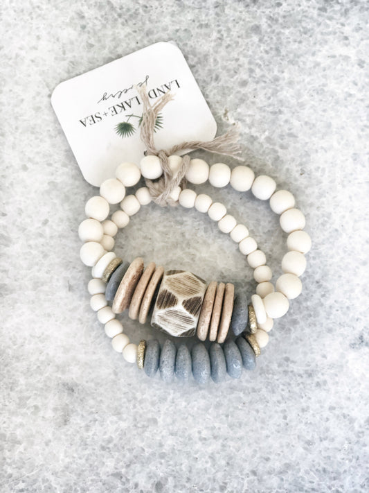 Neutral Bone Stack Bracelet with Gray Recycled Glass
