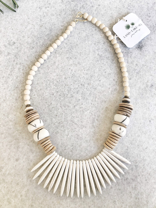 White Magnesite Spike and Coconut Necklace with African Bone