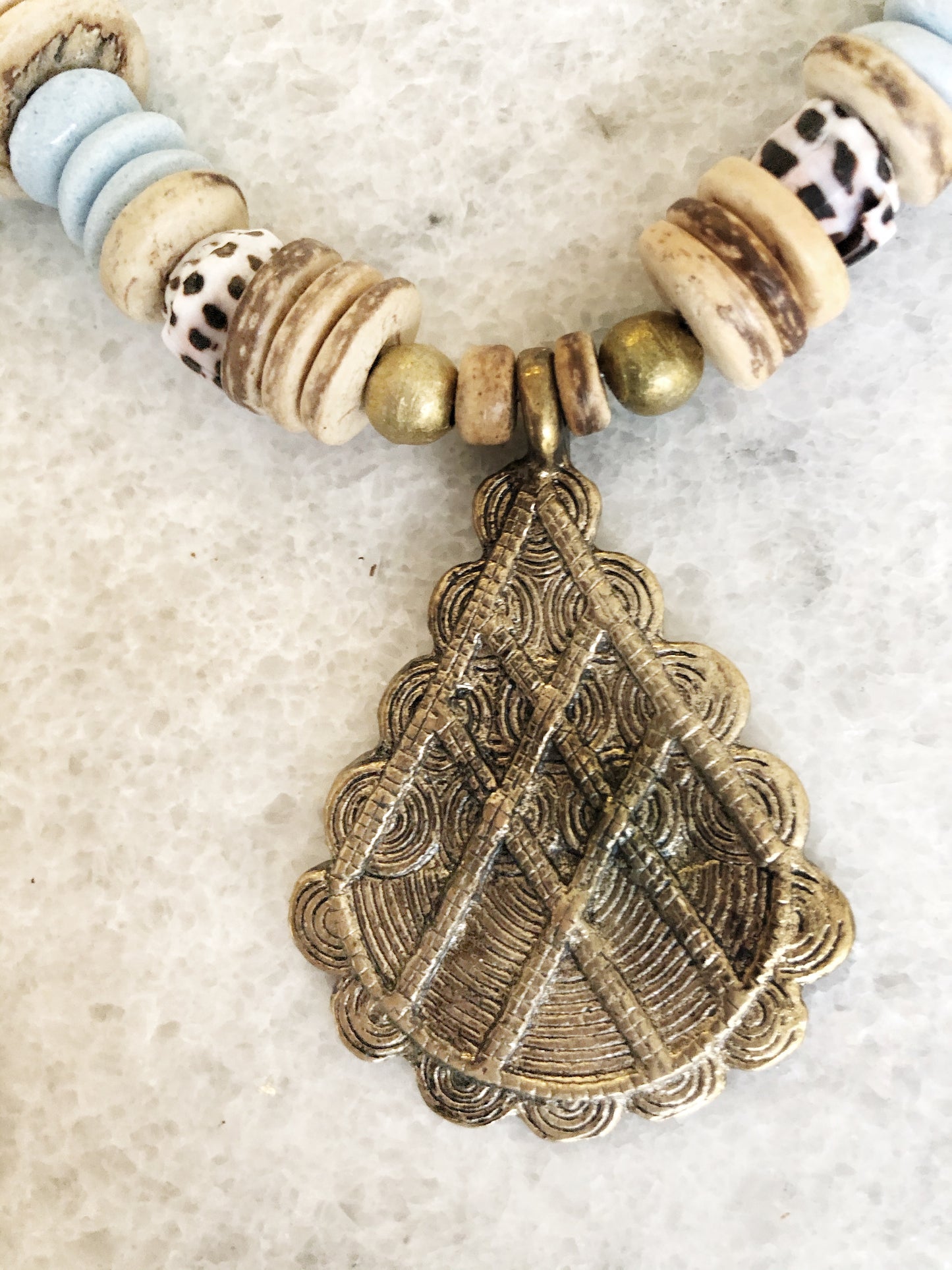 Brass Pendant Necklace with African Glass and Brass