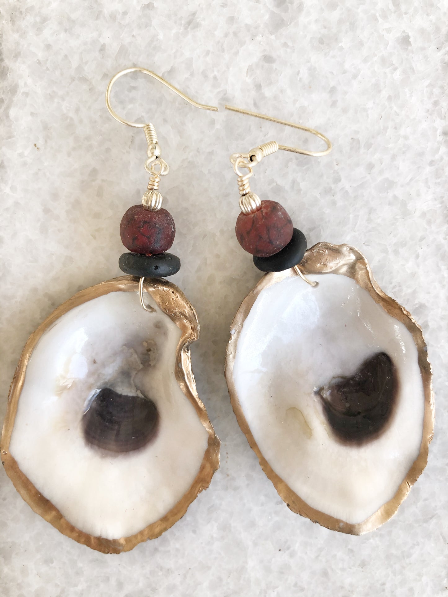 Oyster Earrings with Garnet and Black Recycled Glass Beads