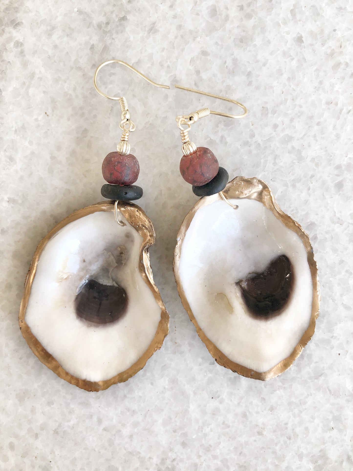 Oyster Earrings with Garnet and Black Recycled Glass Beads