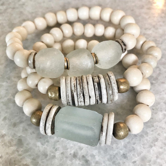 Rustic White African Recycled Glass and Bone Stack Bracelets -