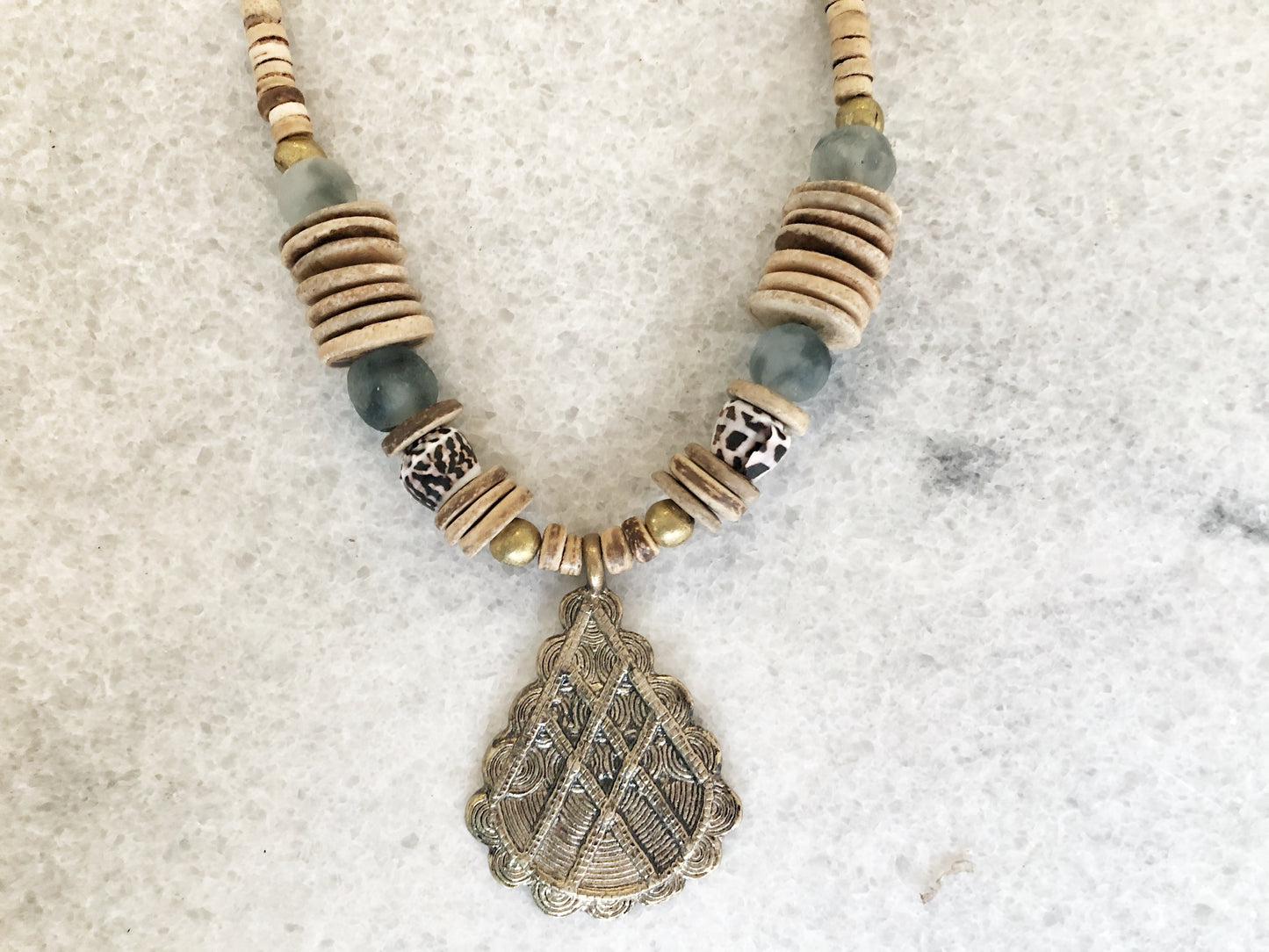 Brass Pendant Necklace with Hebrew Cone Shells, Coconut and Recycled Glass