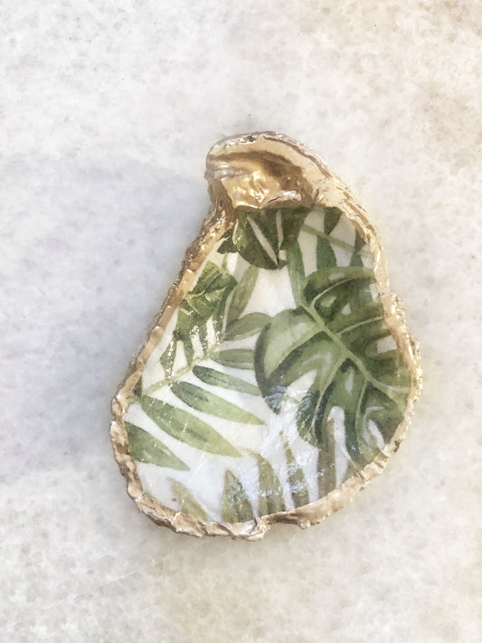 Oyster Ring Dish with Tropical Foliage Print