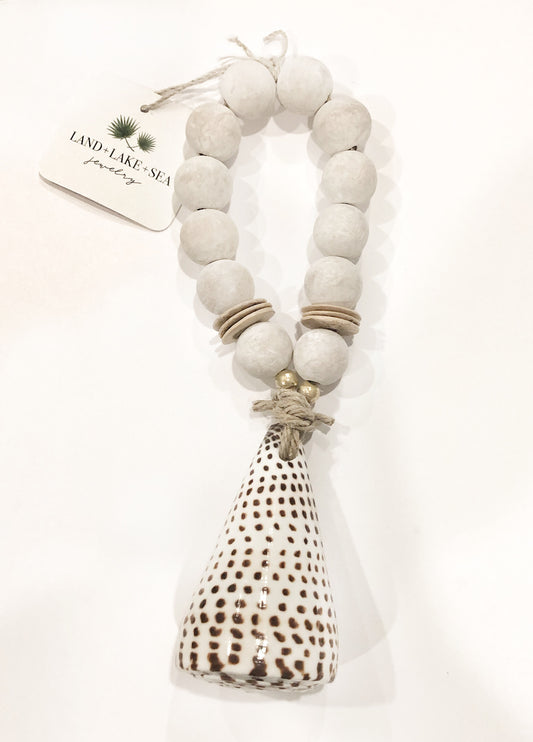 Cone Shell Wine Bottle Charm with Whitewashed Wood Beads and Coconut