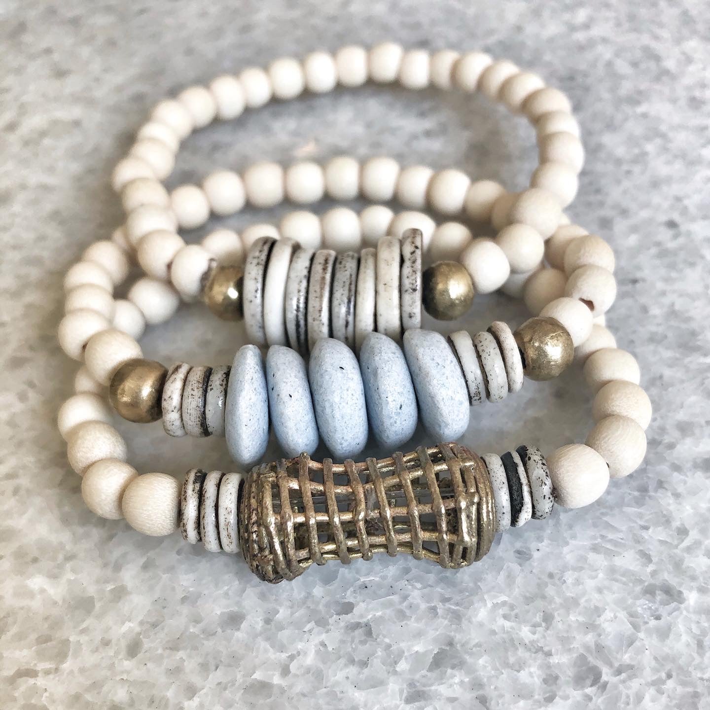 Light Blue, Brass and Bone Stack Bracelets