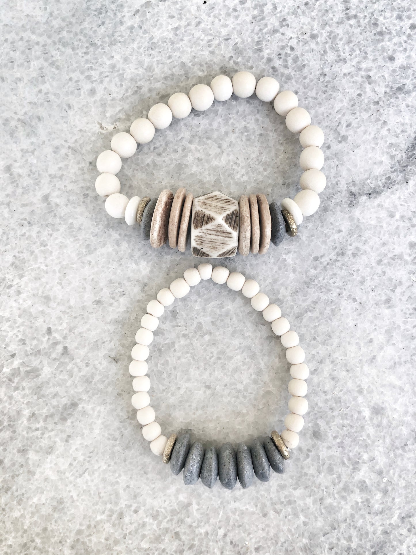 Neutral Bone Stack Bracelet with Gray Recycled Glass